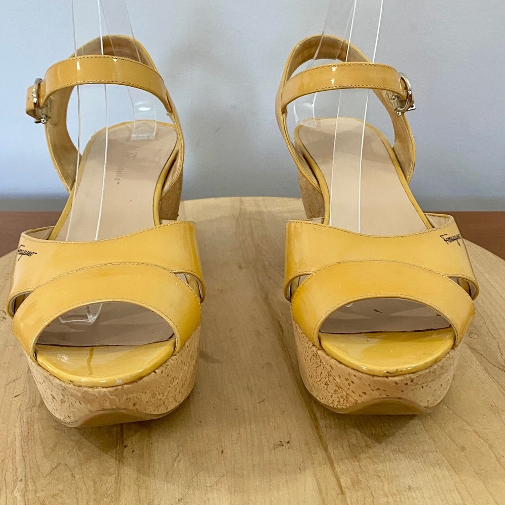 Salvatore Ferragamo Yellow Patent Leather Wedge Sandals Womens 9.5 Italy READ* - Picture 2 of 15